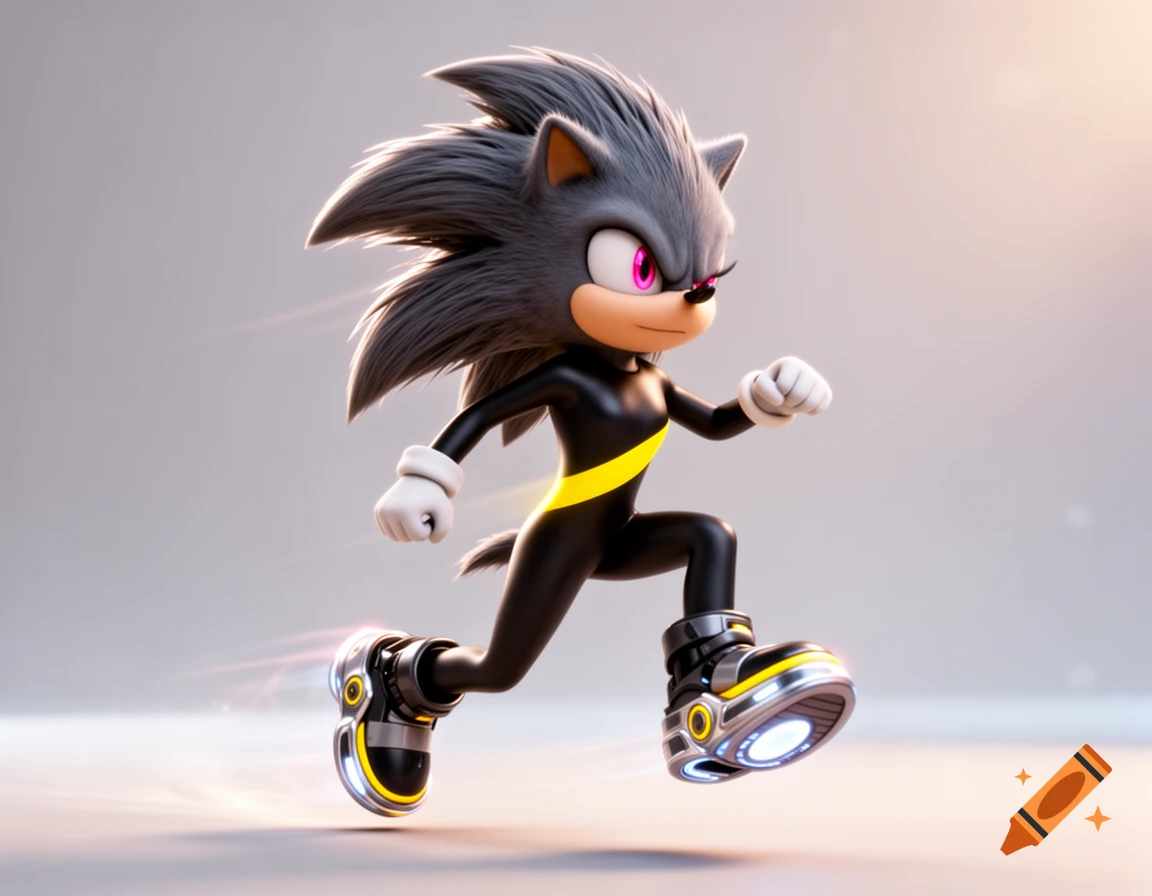 A dark grey Sonic-style hedgehog character with pink eyes, wearing a black unitard, yellow stripe, and hover shoes, runs in a 3D render.