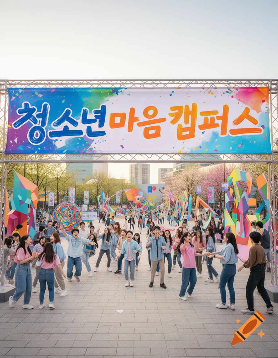 A large group of young people dance in a lively outdoor plaza decorated with colorful art and a banner reading 'Youth Mind Campus'.