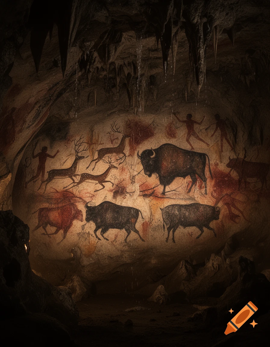 Ancient red and black cave paintings depicting bison, deer, and human figures on a rock wall inside a dimly lit cave with stalactites.