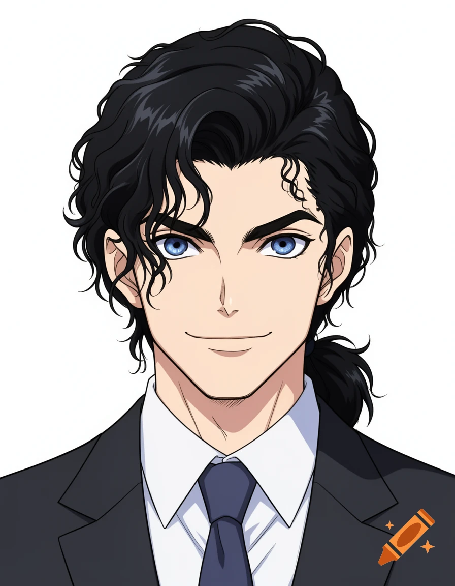 Anime-style portrait of a man with black wavy hair, blue eyes, and a slight smirk, wearing a dark suit and tie.