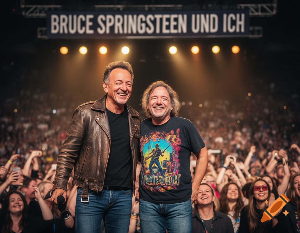 Bruce Springsteen and another man smiling on stage during a concert, with a crowd in the background and a banner above them.