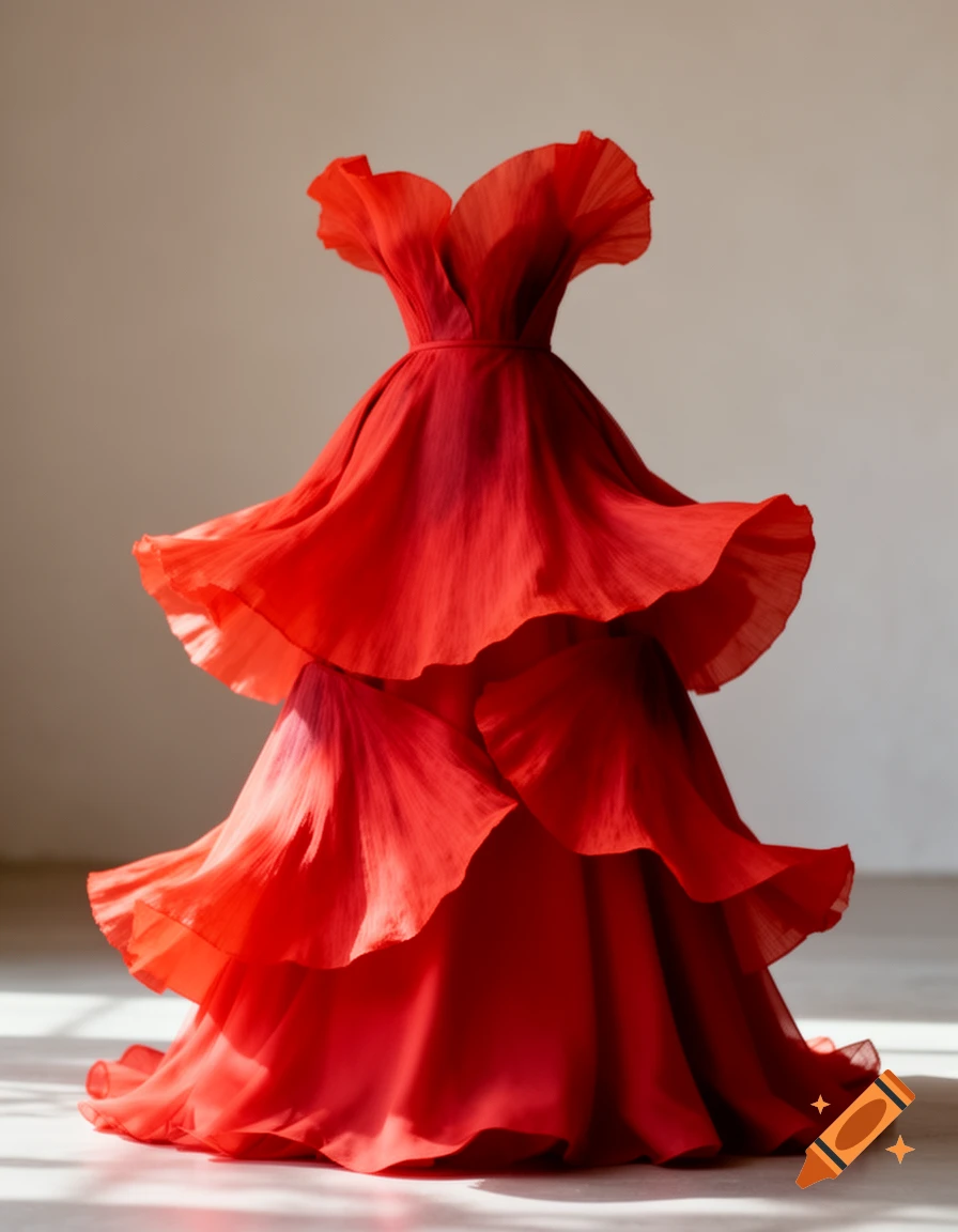 A vibrant red, layered dress, styled to resemble a poppy flower, flows elegantly against a light background.