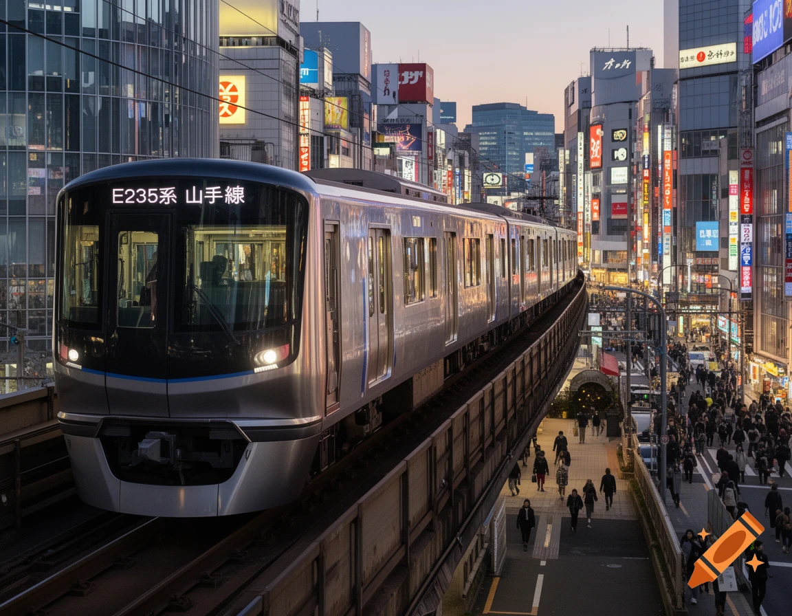 A modern silver train with text 'E235系 山手線' on its front, moves above a busy street in a vibrant city at dusk.