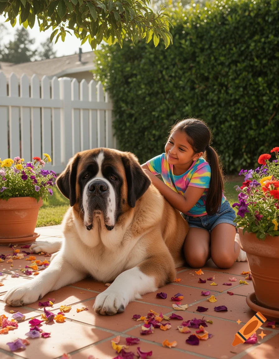A smiling young girl kneels next to a large St. Bernard dog on a tiled patio scattered with flower petals.