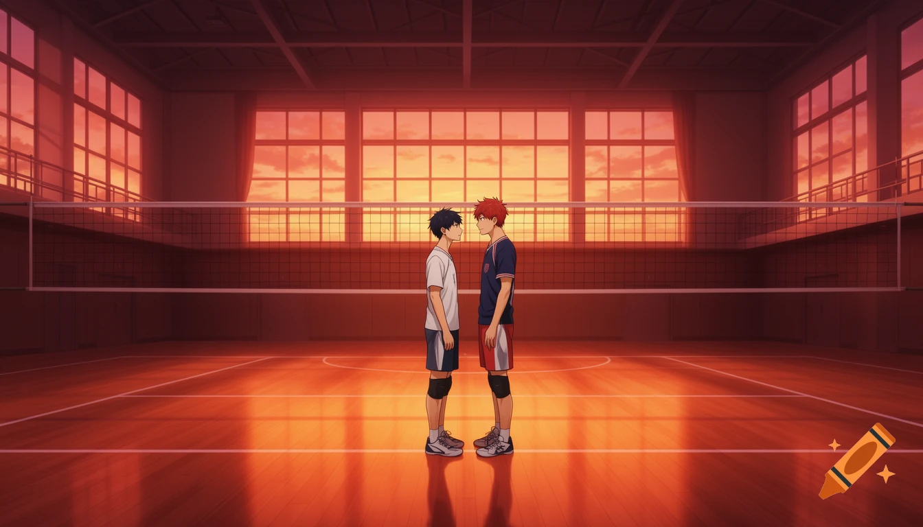 Two anime boys face each other on a volleyball court at sunset, bathed in warm orange light.