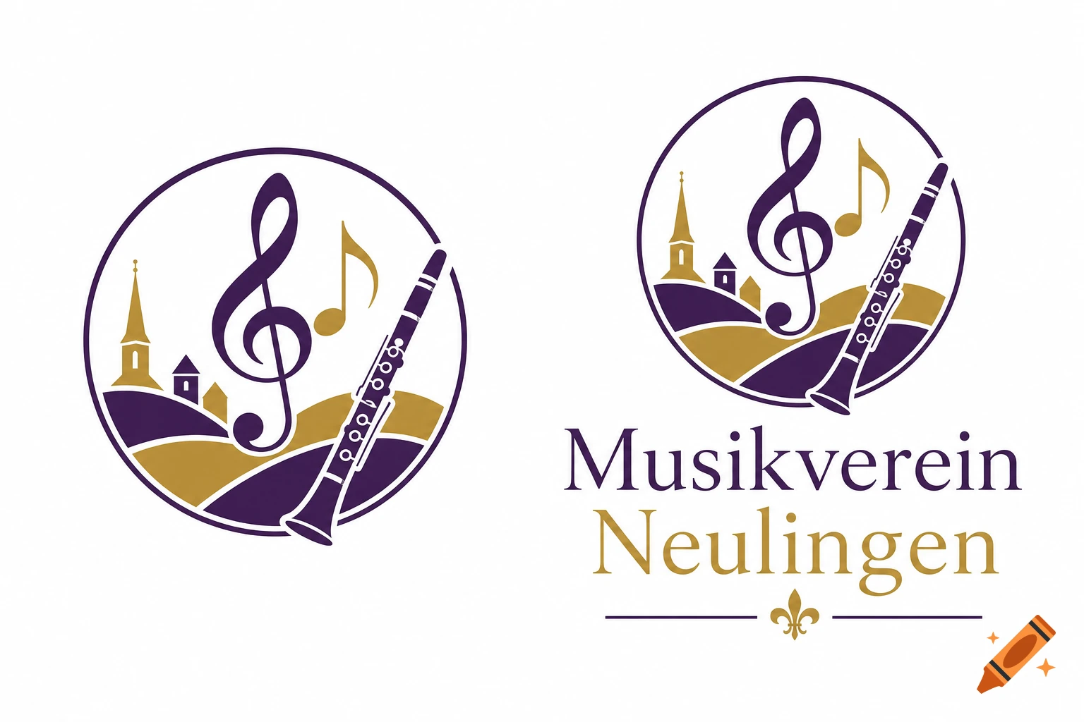 Purple and gold logo with a clarinet, treble clef, music notes, church steeples, and 'Musikverein Neulingen' text.