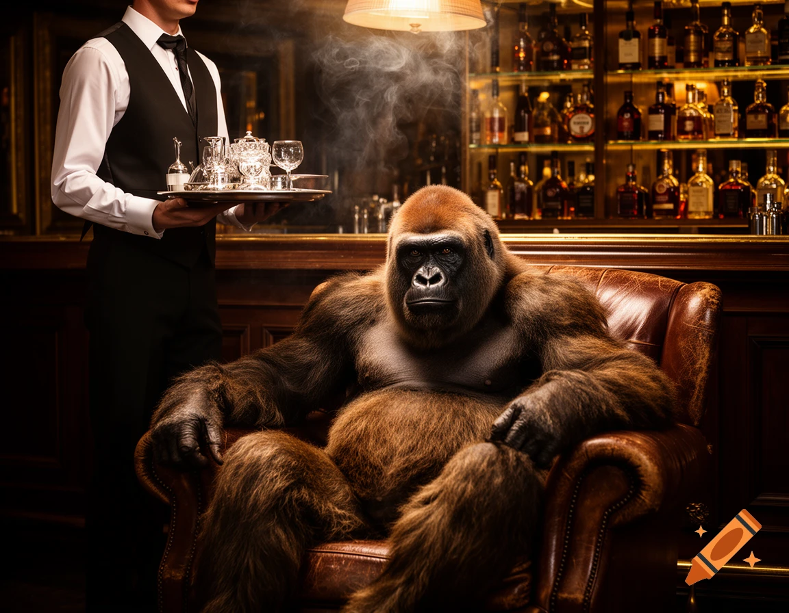 A majestic gorilla sits in a leather armchair in a lavish bar, while a waiter in a suit holds a tray with drinks, serving him.