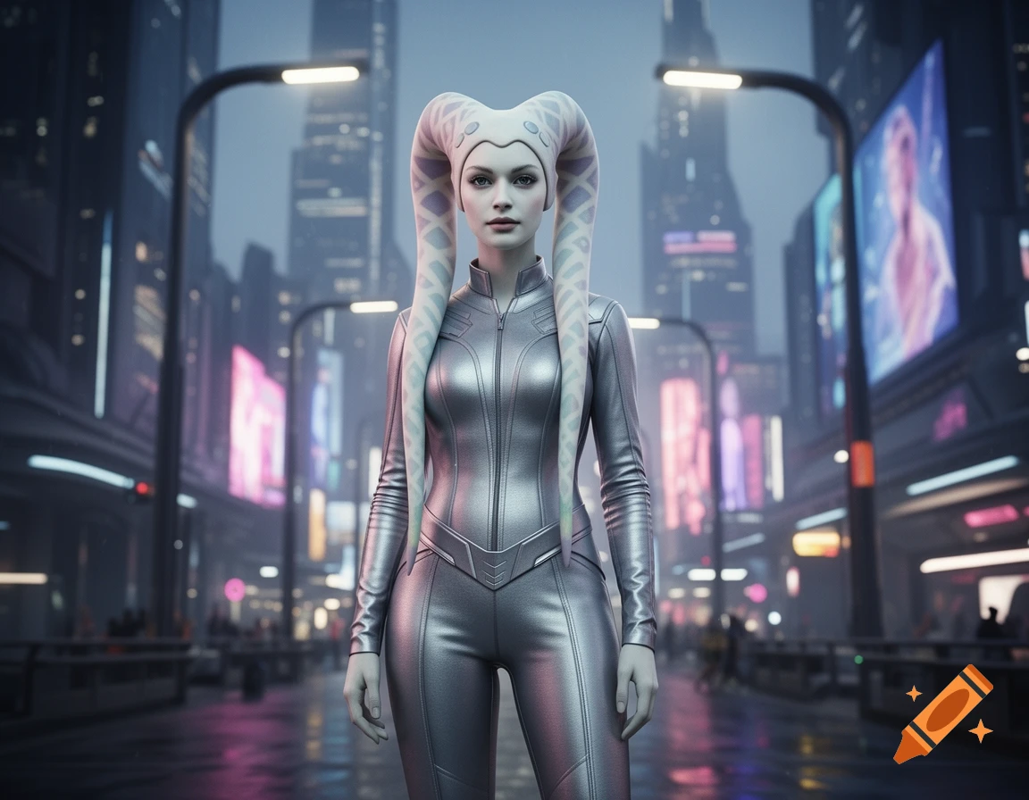 A Twi'lek woman in a metallic silver suit stands in a futuristic city street at night, illuminated by neon signs.