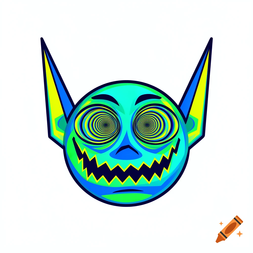 A vibrant green and blue cartoon emoji face with spiral eyes, sharp teeth, and pointed ears.