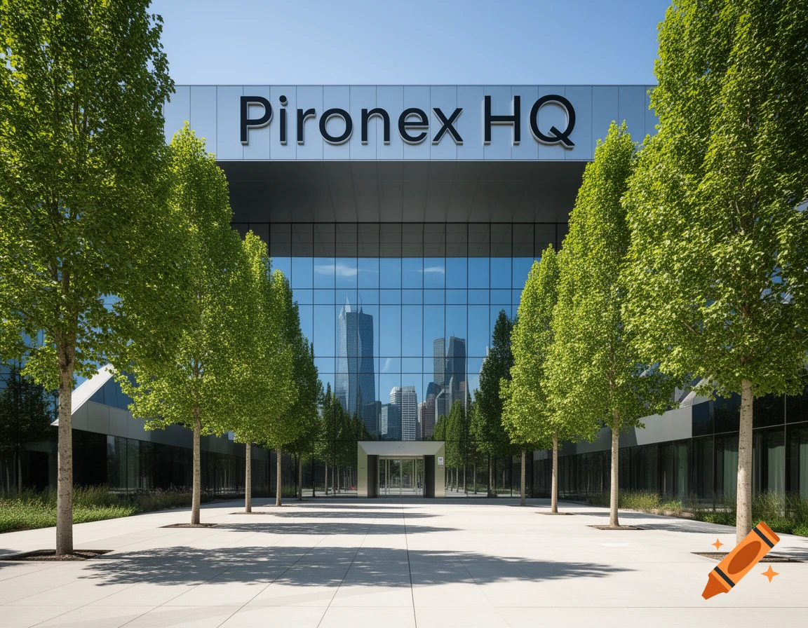 Photorealistic image of a modern glass and silver building with "Pironex HQ" on its facade, surrounded by green trees and a city skyline reflection.