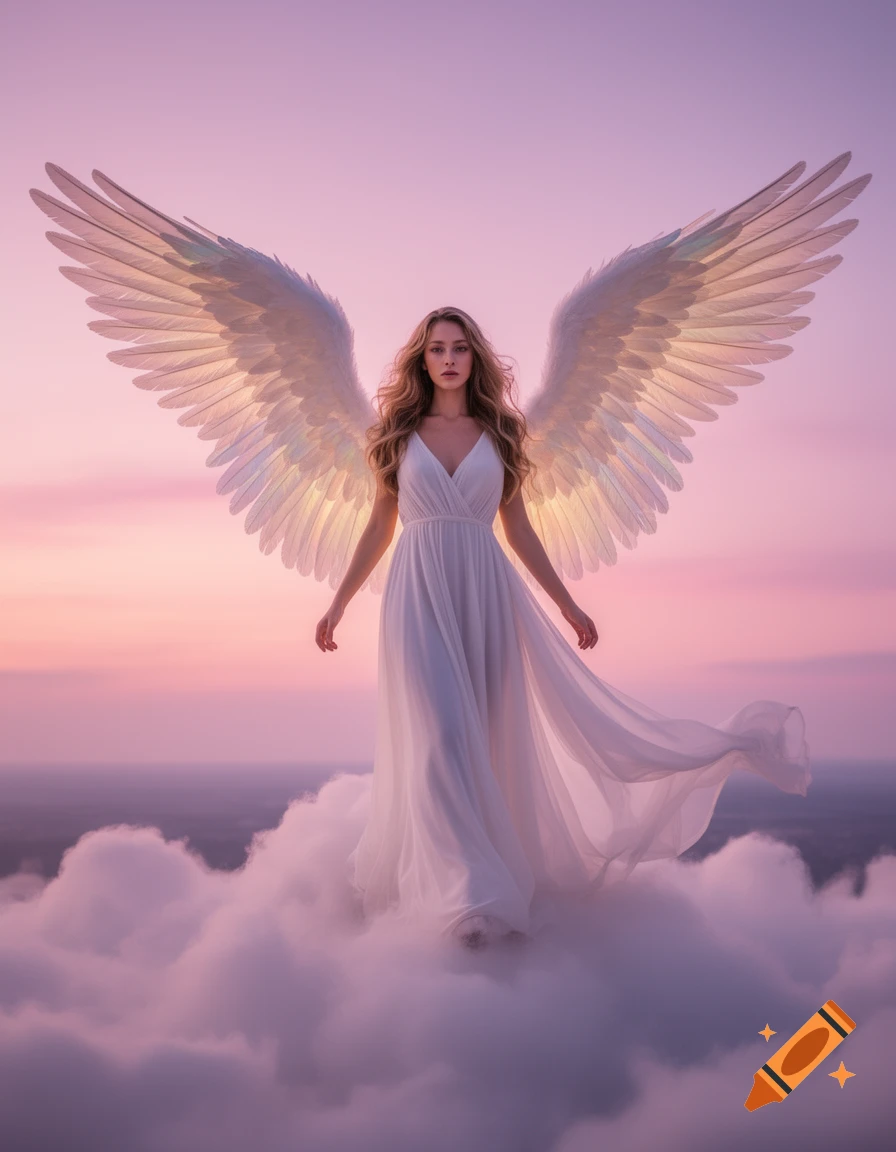 A beautiful woman with large white angel wings stands gracefully on soft clouds under a pink and purple sunset sky.