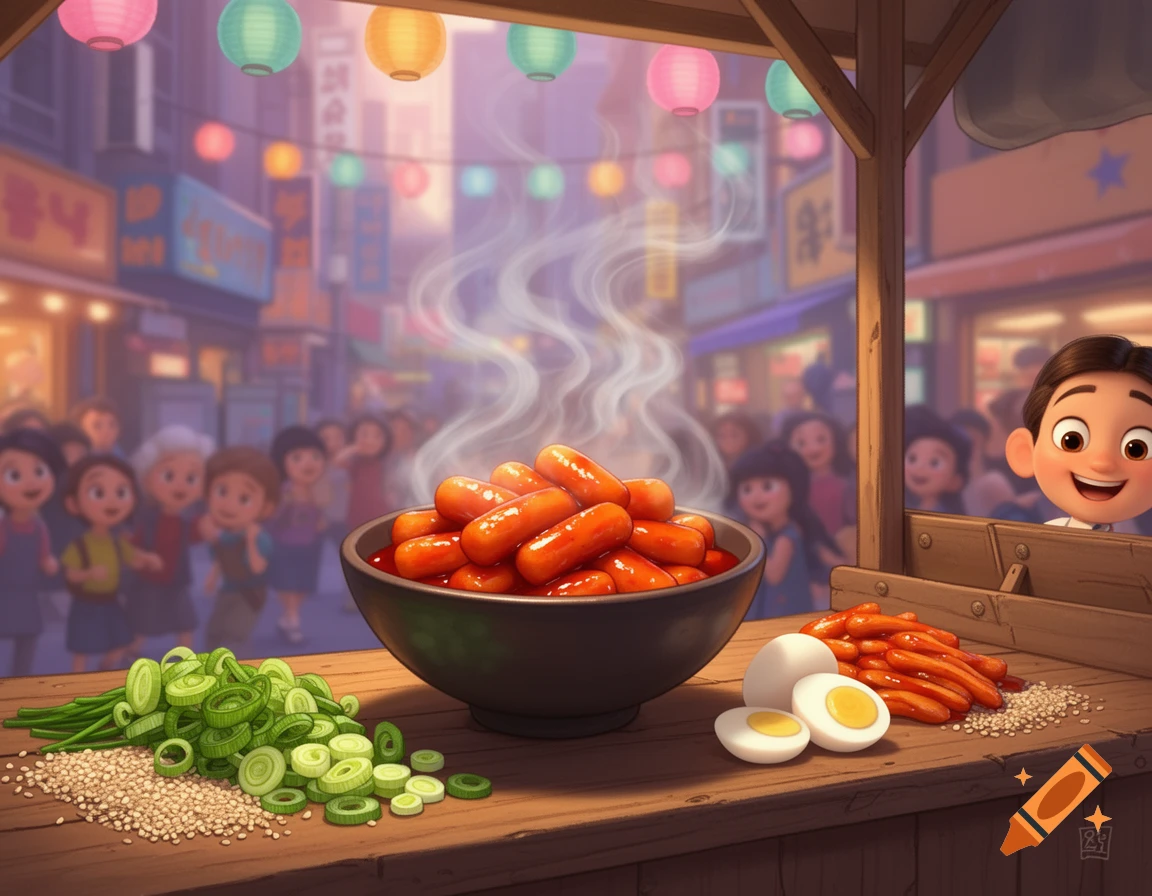 Pixar-inspired cartoon of a steaming bowl of tteokbokki, scallions, and boiled eggs on a street food stall with a smiling vendor and blurry crowd.