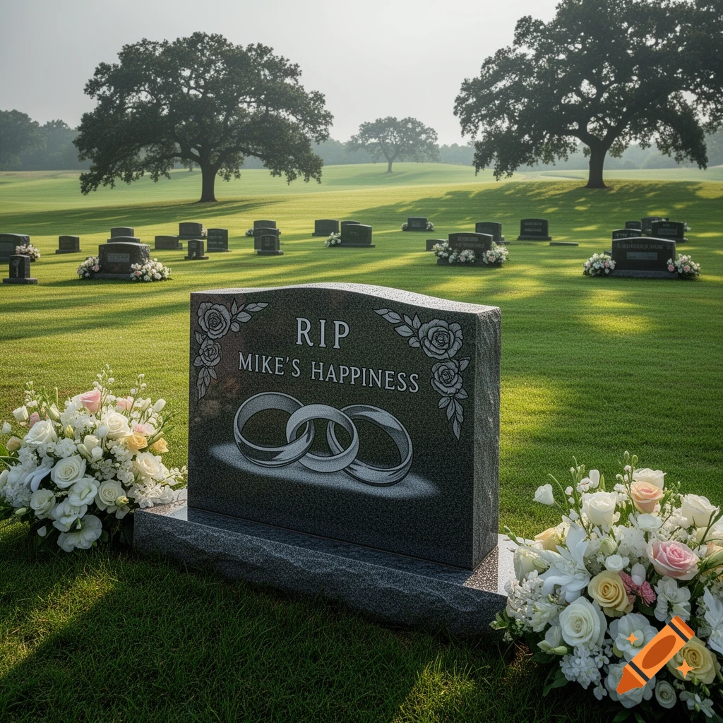 A photorealistic image of a tombstone in a sunny cemetery, engraved with "RIP Mike's Happiness" and two wedding rings, surrounded by white and pink flowers.