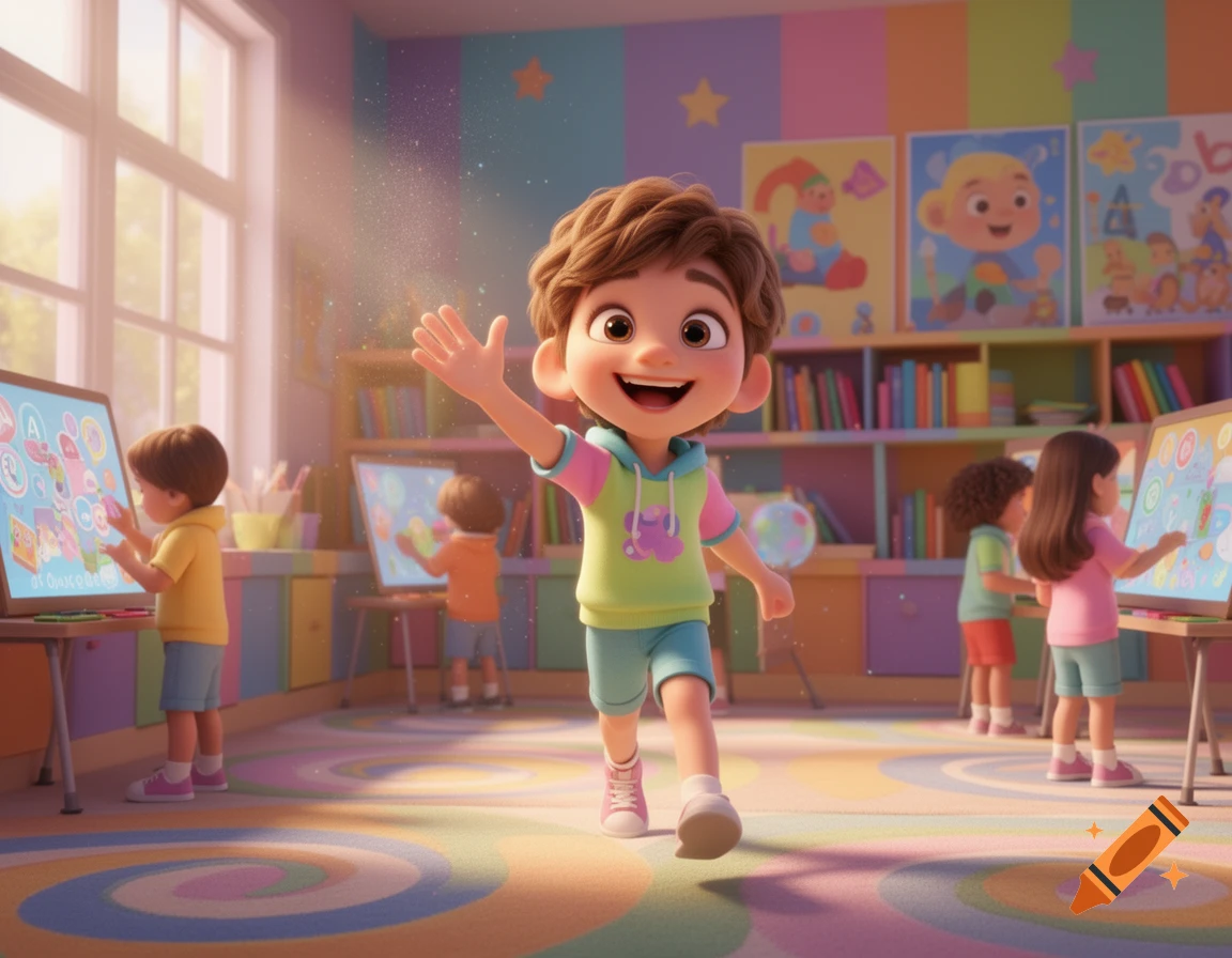 Pixar-style 3D cartoon of a cheerful child waving in a brightly lit, colorful classroom with other kids drawing.