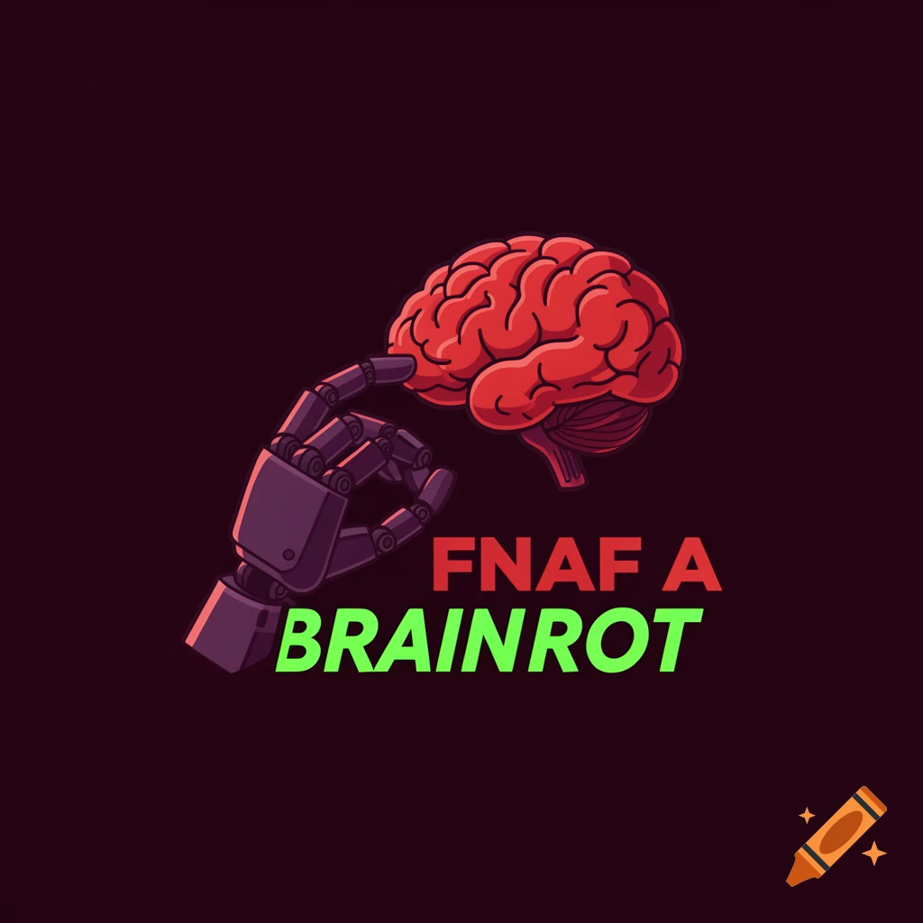 An illustration of a purple robot hand touching a red human brain, with the words 'FNAF A BRAINROT' in red and green text below.