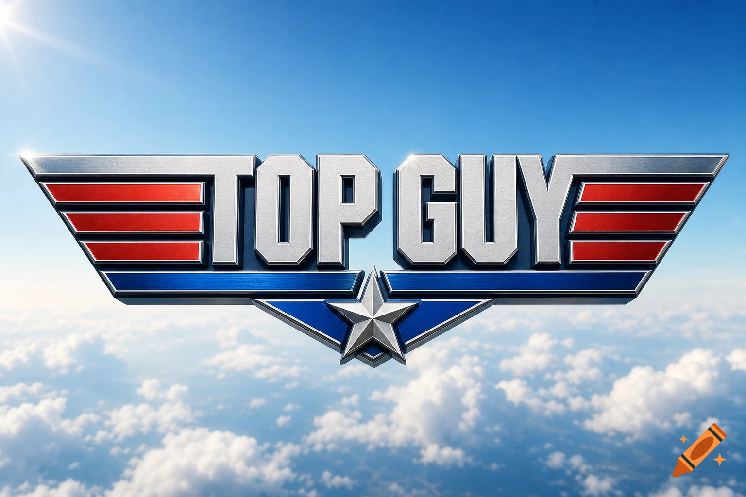 A metallic silver, red, and blue logo with the words "TOP GUY" above a star and stylized wings, set against a bright blue sky with clouds.