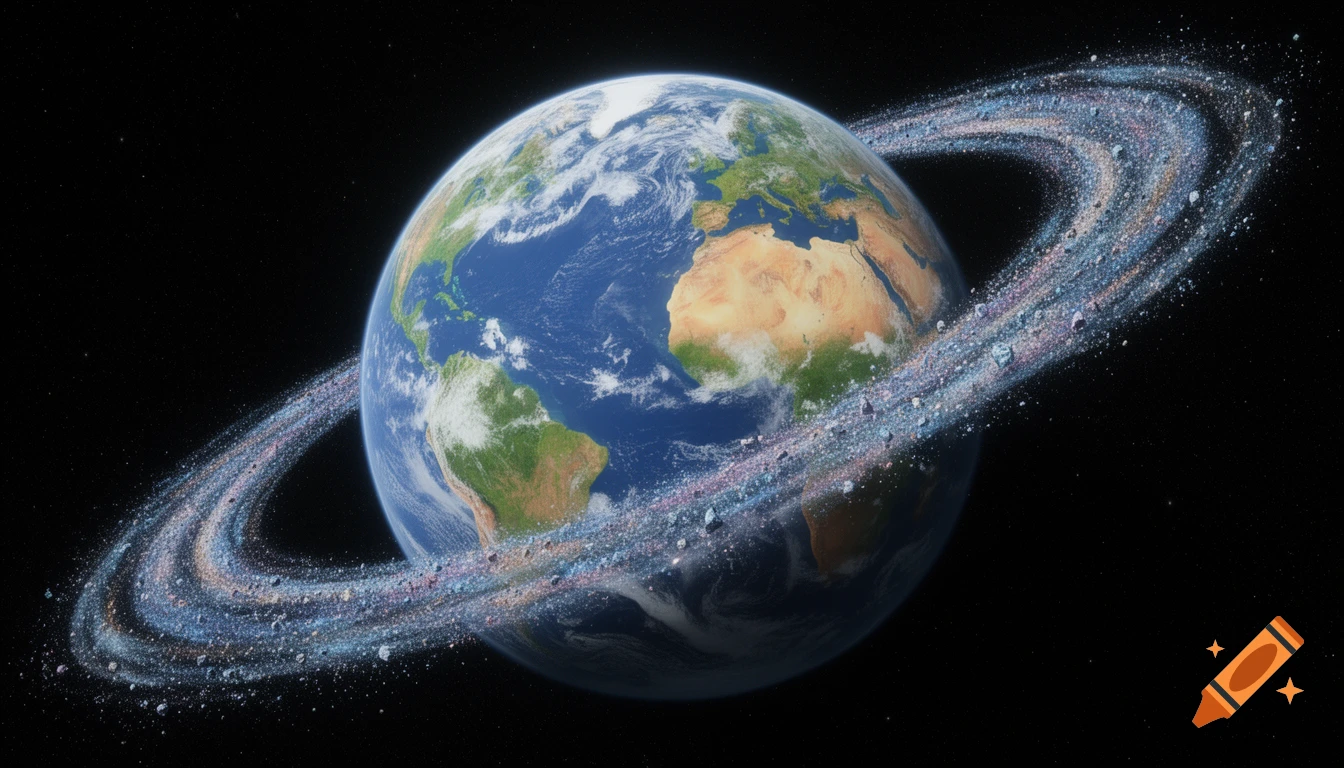 A photorealistic Earth-like planet with a vibrant ring system of rocks and dust, set against a dark, starry space background.