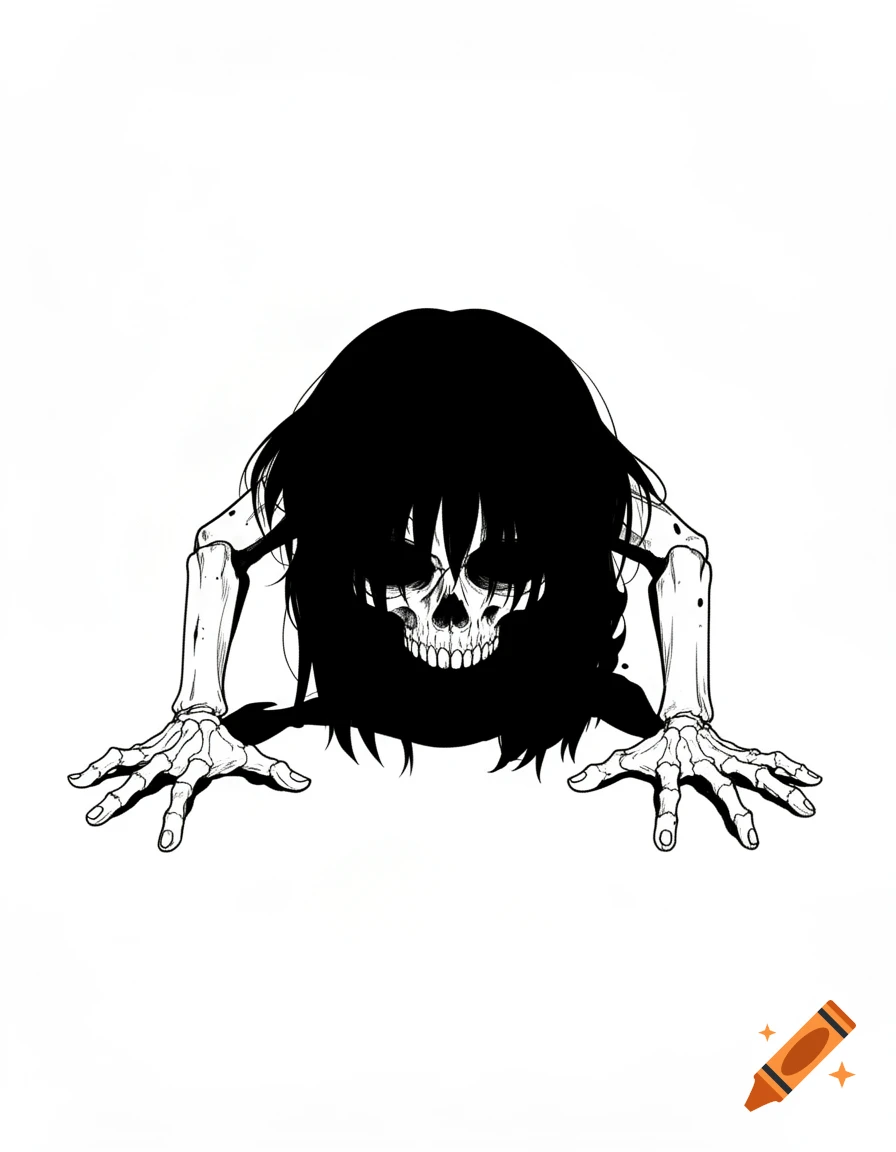 A minimalist blackwork tattoo design of a crawling skeletal figure with a skull face and long black hair, isolated on a white background.