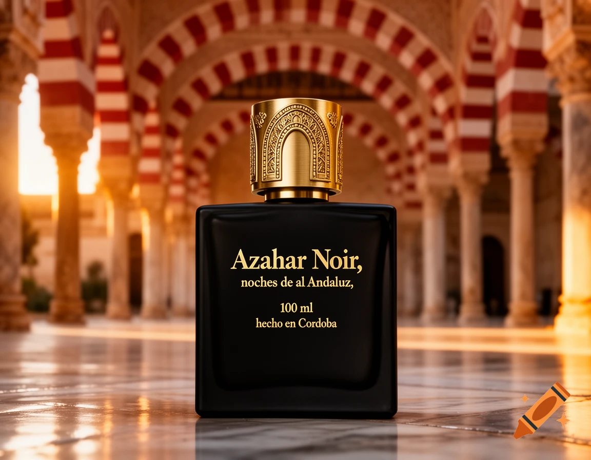 A black perfume bottle with gold text and a gold cap on a polished floor, with blurred red and white striped arches in the background at golden hour.