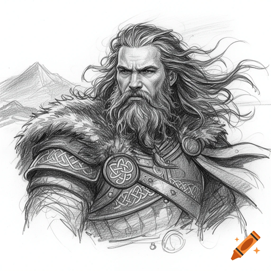 Pencil sketch of a fierce Viking warrior with a long beard and flowing hair, wearing fur-lined armor with Celtic knot details.