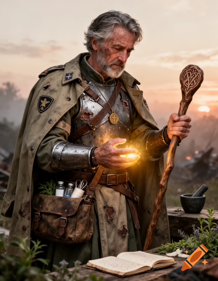 A rugged, gray-haired fantasy cleric in armor and a coat with a satchel, holding a glowing orb and a staff at sunset, with a journal, herbs, and mortar on a table.