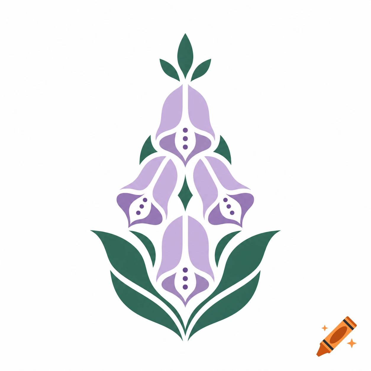 Abstract logo of stylized purple foxglove flowers with green leaves, symmetrical on a white background.
