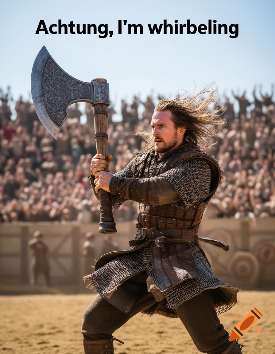 A photorealistic image of a fierce warrior in chainmail and leather armor, wielding a large battle axe. He has long flowing hair and is in a dynamic pose, as if about to swing or turn. The background shows a blurry crowd of spectators in an arena. A caption above reads: "Achtung, I'm whirbeling"