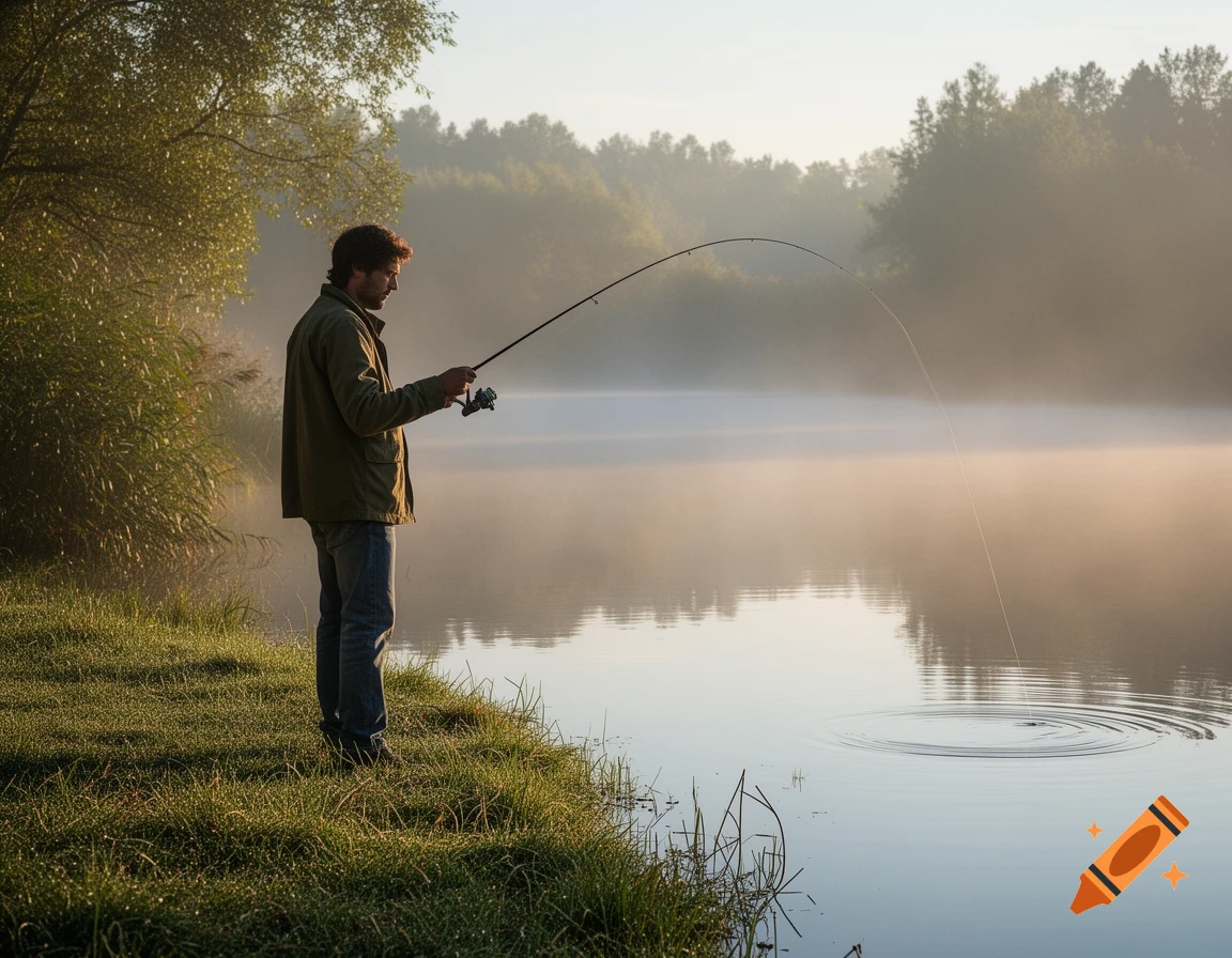 Man fishing on a grassy bank by a misty lake at sunrise, casting his fishing rod into the water.