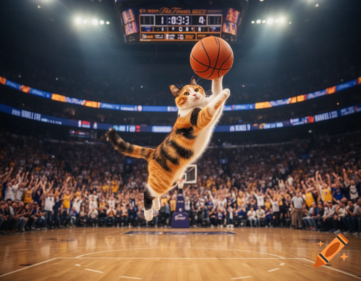 A calico cat leaps to dunk a basketball in a brightly lit, crowded basketball arena during the finals.
