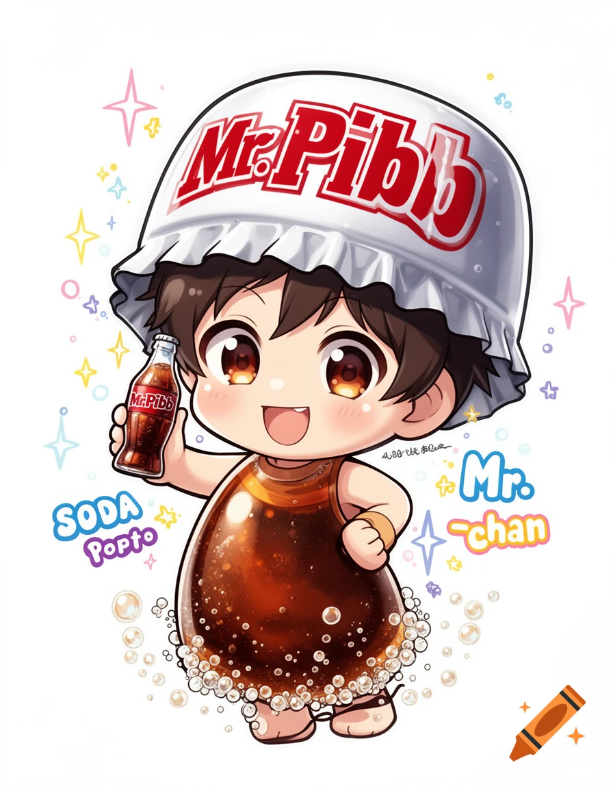 A vibrant anime chibi character, resembling a soda bottle, wearing a Mr. Pibb hat and holding a Mr. Pibb soda, with text like "SODA Popto" and "Mr. -chan" floating around.