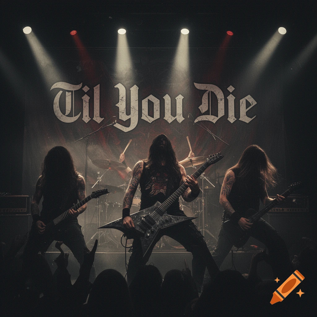 A metal band with long-haired musicians playing guitars on a dark stage lit by spotlights, with a 'Til You Die' banner.