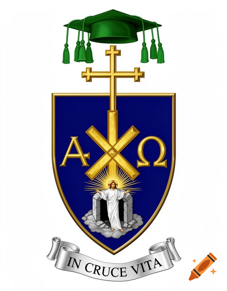A Catholic bishop's coat of arms with a green galero, golden cross, Chi-Rho monogram, Alpha and Omega, and a depiction of the risen Christ. A banner below reads 'IN CRUCE VITA'.