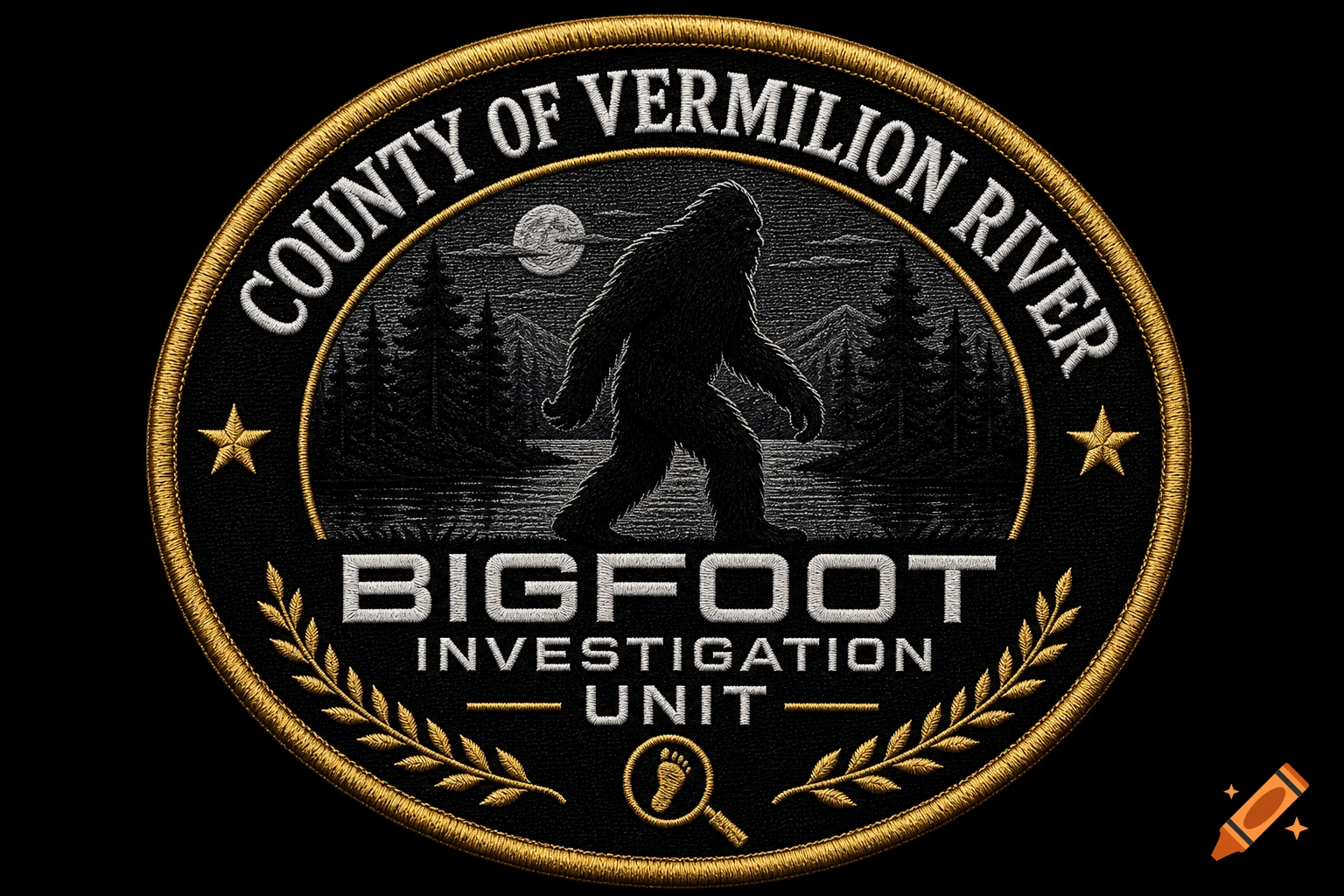Embroidered patch for 'County of Vermilion River Bigfoot Investigation Unit' with a silhouette of Bigfoot, stars, moon, and trees.