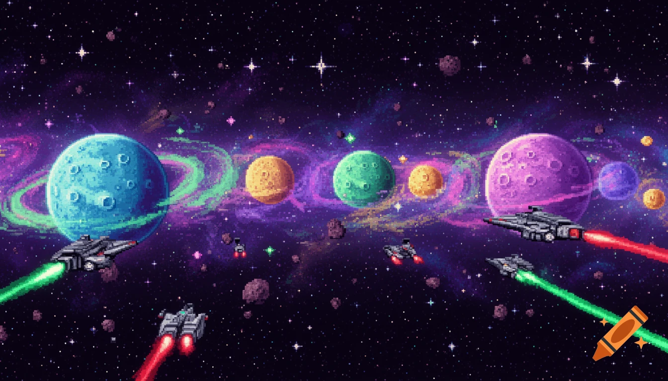 Pixel art space scene with colorful planets, stars, and spaceships firing green and red lasers.
