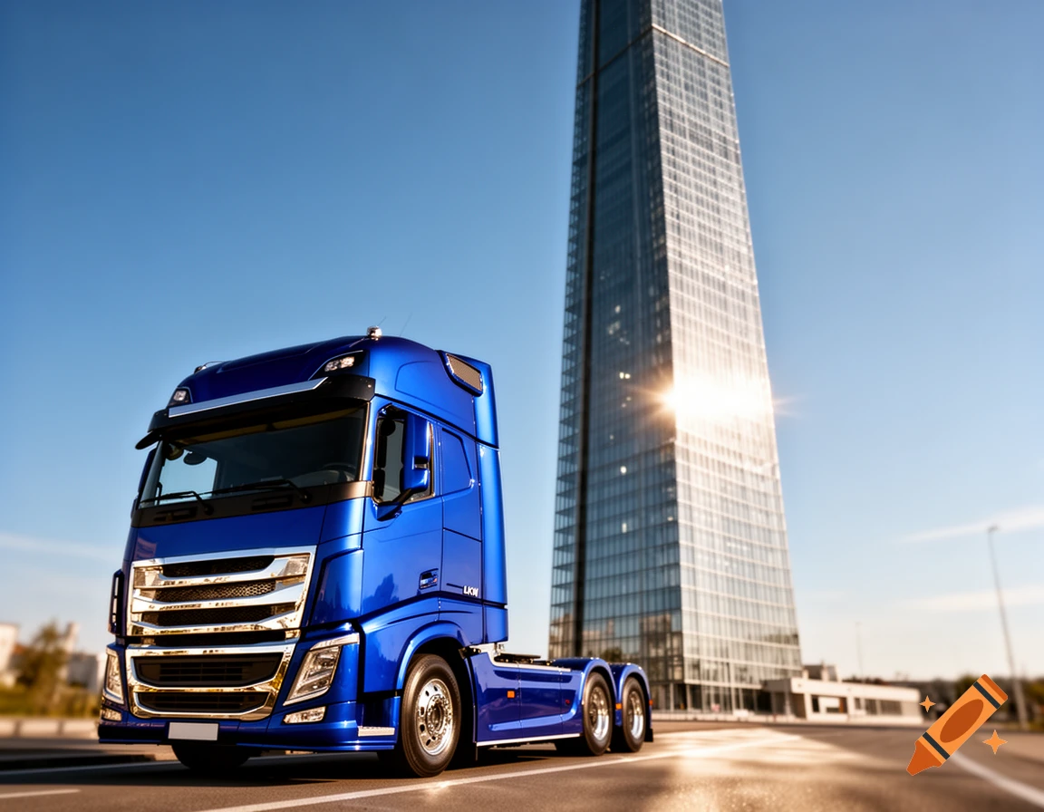 A gleaming blue semi-truck is parked on an asphalt road with a tall, modern glass skyscraper under a clear blue sky.