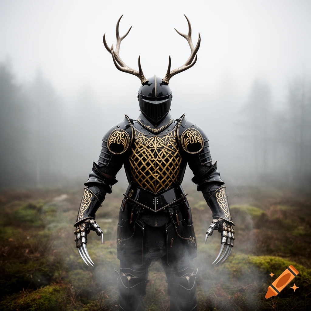 A dark knight in black and gold armor with deer antlers on the helmet and sharp clawed gauntlets stands in a misty forest.