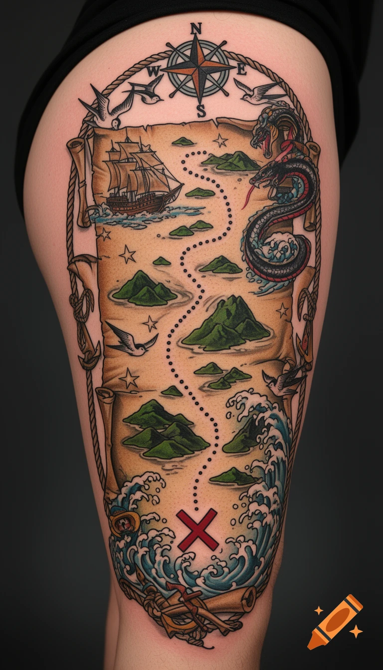A colorful traditional American tattoo of a pirate treasure map on a thigh, featuring a compass rose, ship, sea serpent, islands, waves, and an 'X'.