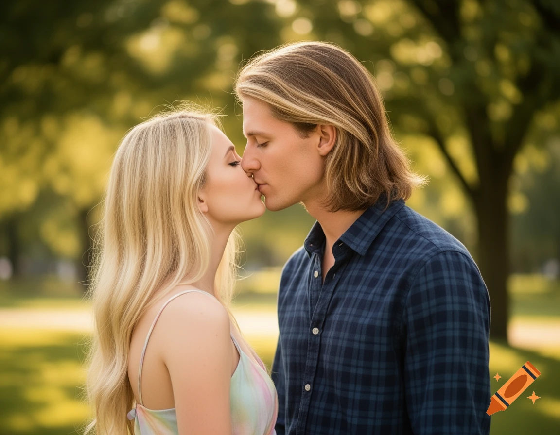 A blonde woman in a light dress and a man with long hair in a plaid shirt share a kiss outdoors in a park.