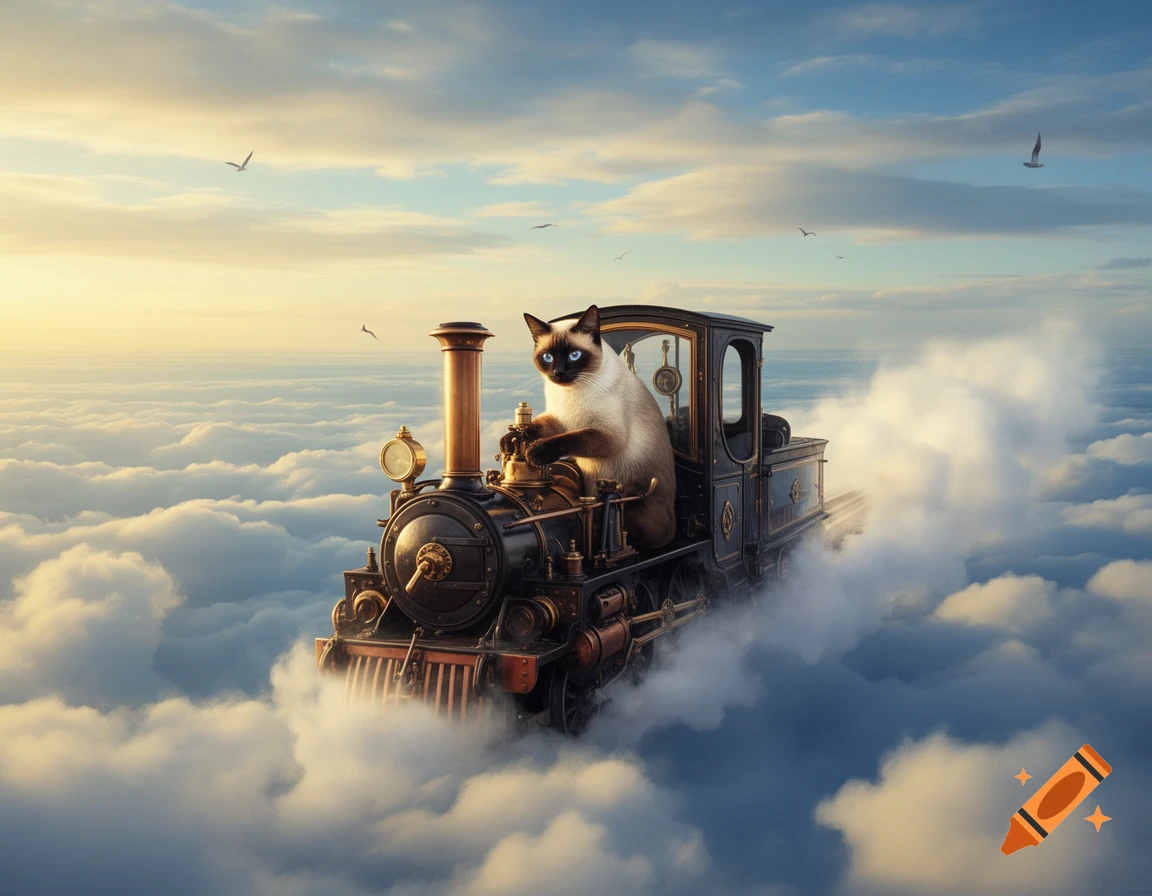 A Siamese cat with blue eyes drives an antique steam train through a sky filled with clouds, with birds flying around.