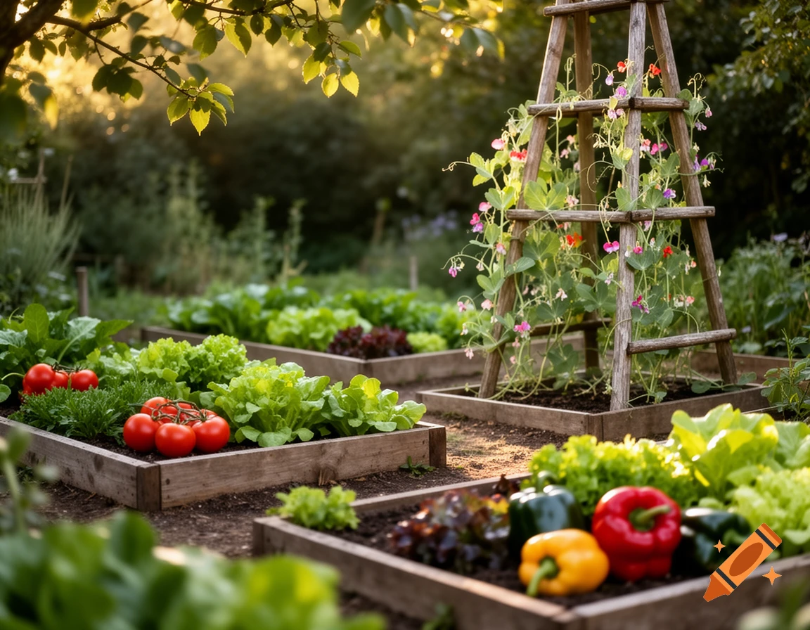A vibrant garden with raised beds containing lettuce, tomatoes, and peppers, under golden sunlight, with a wooden trellis of climbing flowers.