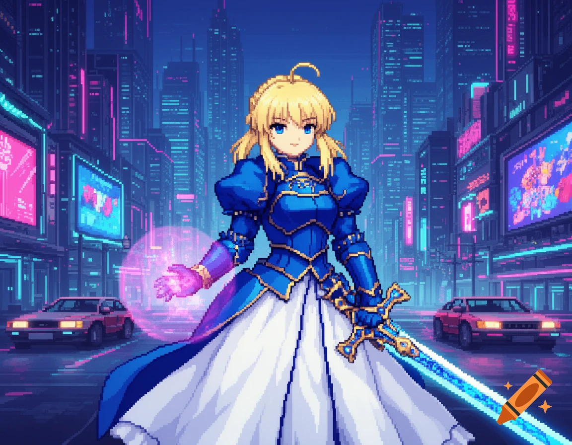 Pixel art of Saber from Fate/Stay Night in blue armor, holding a glowing sword, standing on a cyberpunk city street with neon lights.