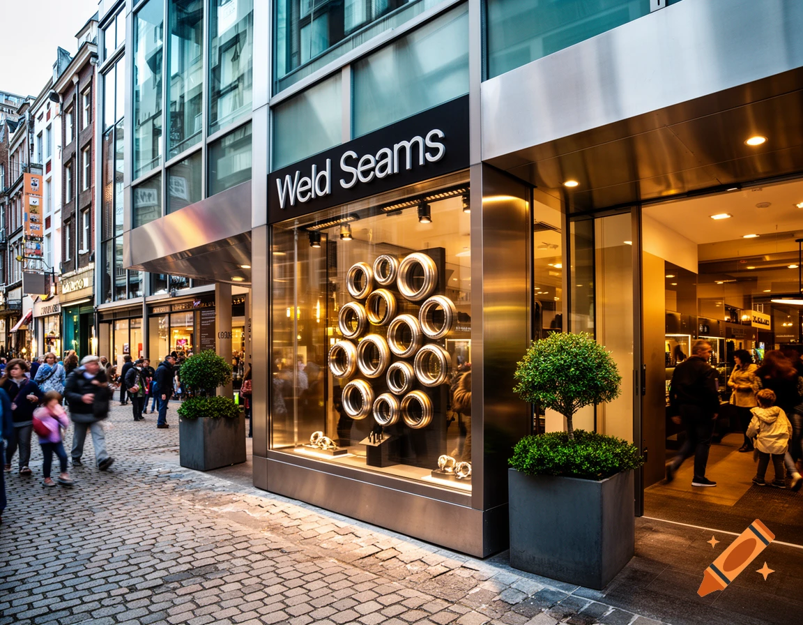 A photorealistic image of a shop called "Weld Seams" with metallic rings in its window, on a cobblestone street with people walking by.