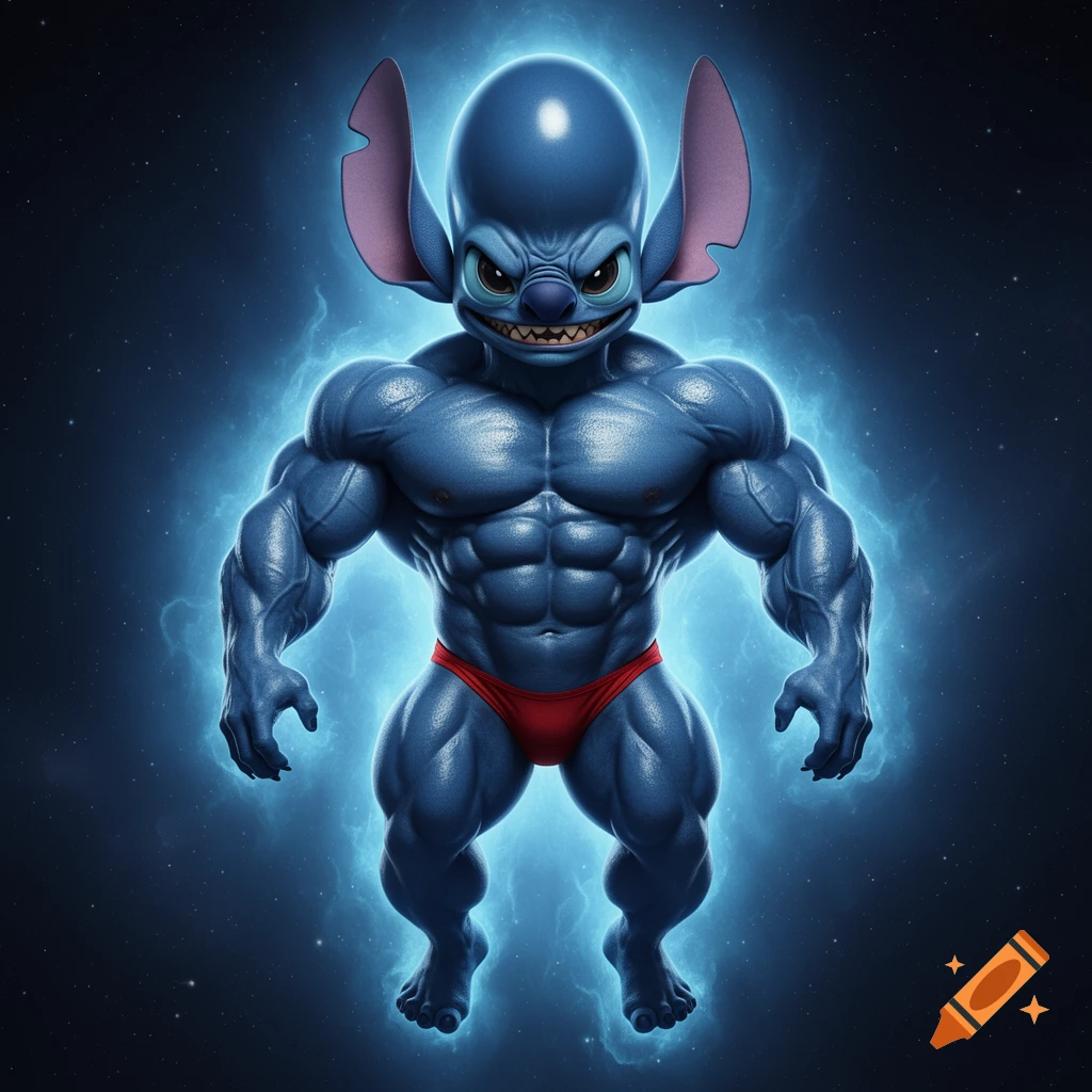 Muscular, blue Stitch from Lilo & Stitch in a red posing thong floats against a starry blue backdrop.