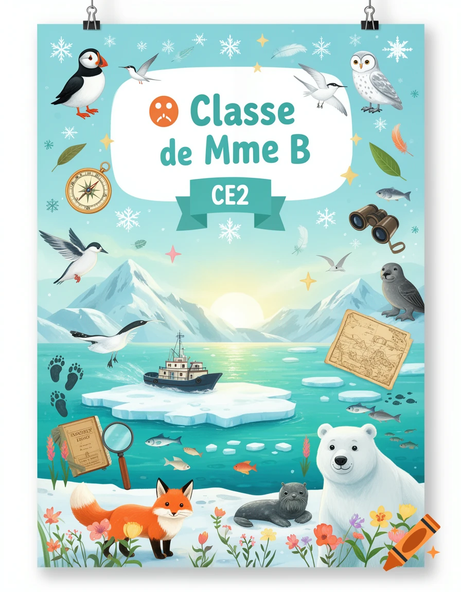 Colorful A3 poster for a CE2 class with Arctic exploration theme. Features polar animals like a polar bear, fox, puffin, and seal in a snowy landscape with mountains, an ice floe, and a small boat under a sunrise. Text reads "Classe de Mme B CE2".