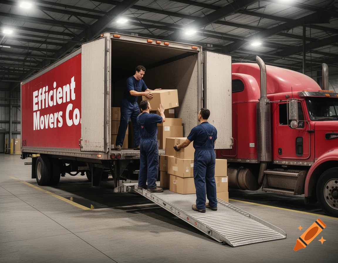 Three movers load cardboard boxes onto a large red semi-truck with "Efficient Movers Co." written on its side, inside a warehouse.
