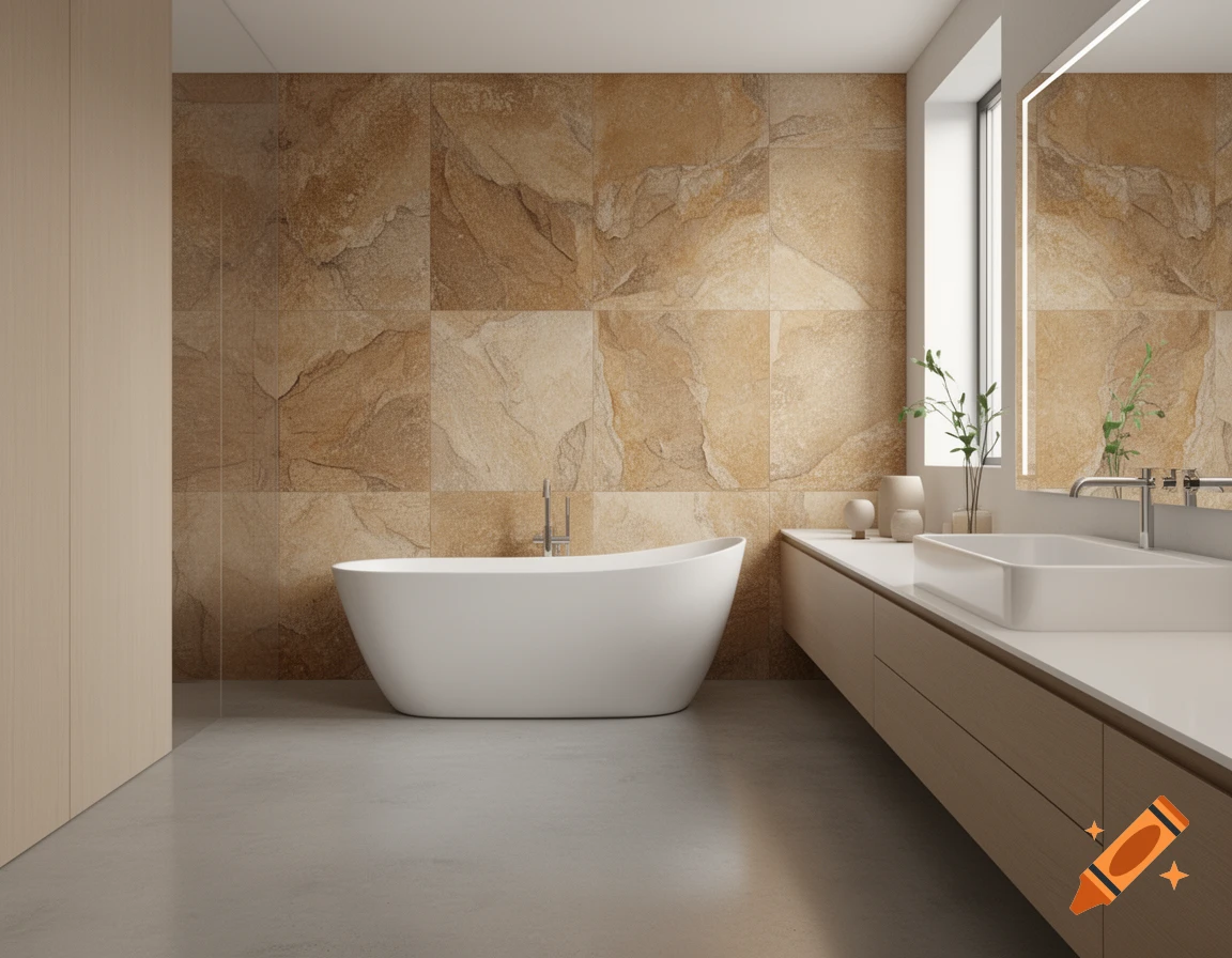 A modern bathroom features a white freestanding bathtub, a long vanity with a sink, and stone-design tiled walls.