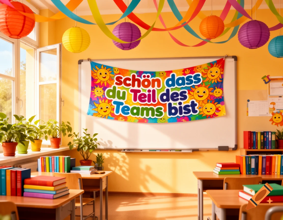 A brightly lit classroom decorated with colorful streamers and paper lanterns. A banner on the whiteboard reads "schön dass du Teil des Teams bist" (nice that you are part of the team). Desks with books are arranged in the foreground.