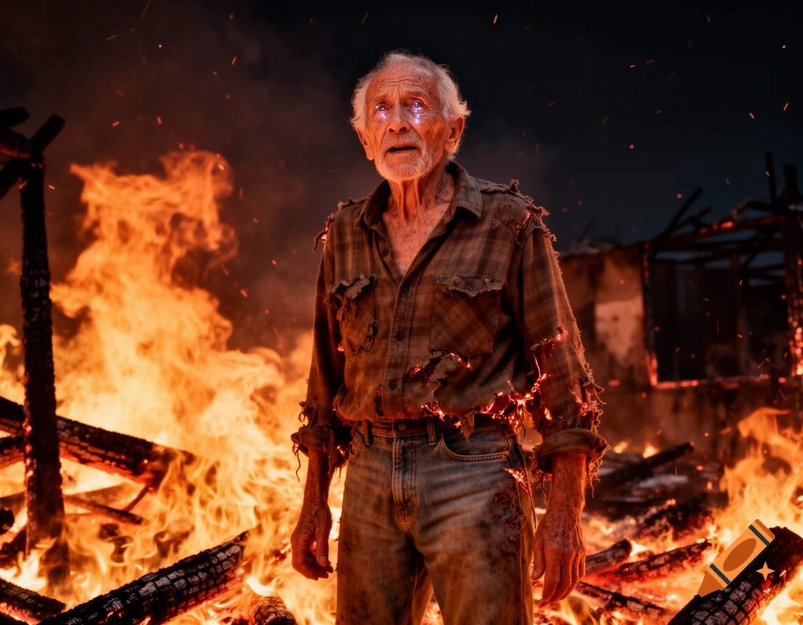 A photorealistic image of an old man with glowing purple eyes standing amidst a raging fire and burning wreckage at night.