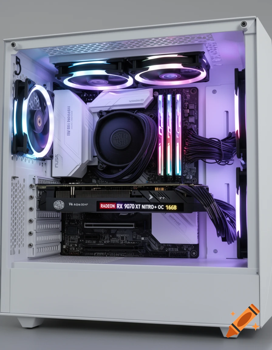 Close-up photorealistic shot of the inside of a white desktop computer case, showcasing a motherboard, CPU cooler, RAM, and a graphics card with colorful RGB lighting.