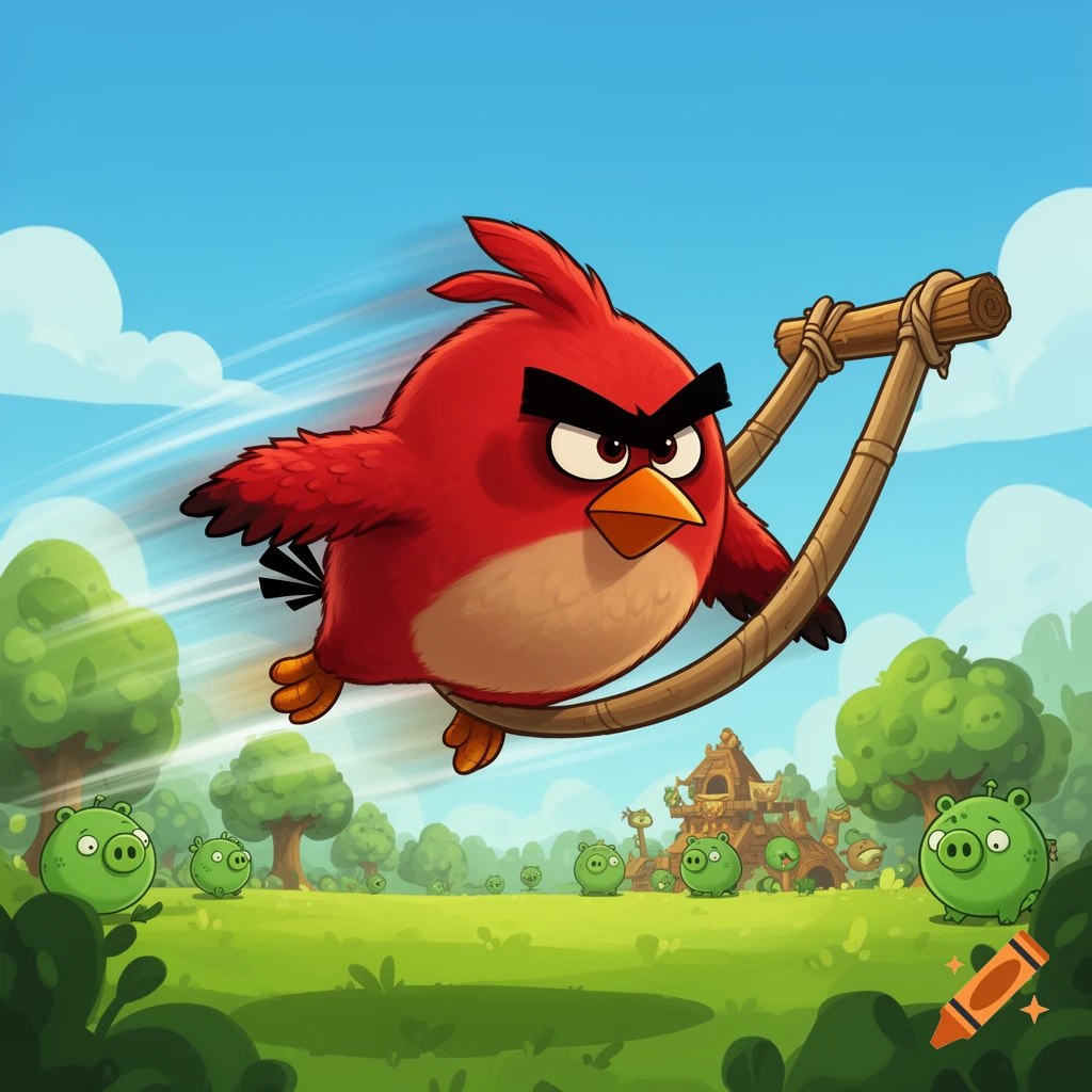Red, the angry bird, is launched from a wooden slingshot, flying over a lush green landscape with green pigs and trees under a blue sky, in a vibrant cartoon style.